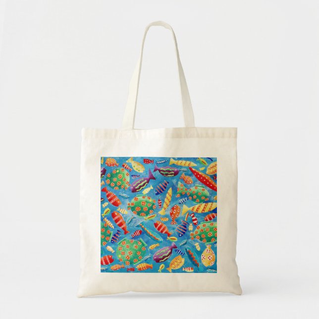 Bolso De Tela Pintado acrílico colorido de peces tropicales (Frente)