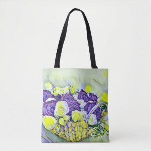 Bolso De Tela Pintado de color de agua de la cesta morada blanca