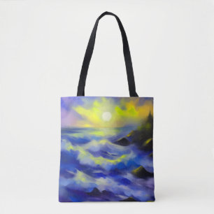 Bolso De Tela Pintado de olas de mar azul oscuro bajo el sol