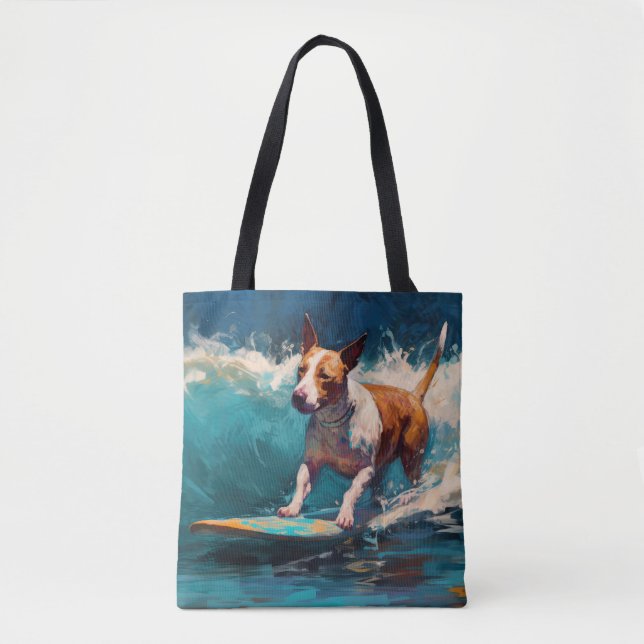 Bolso De Tela Pintado de surf Bull Terrier Beach (Anverso)