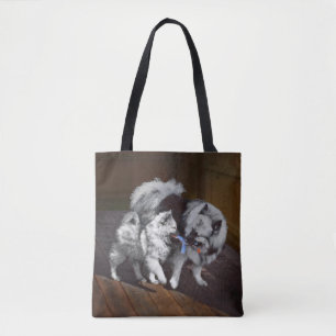 Bolso De Tela Pintado Keeshond Playtime - Arte Perro Original.