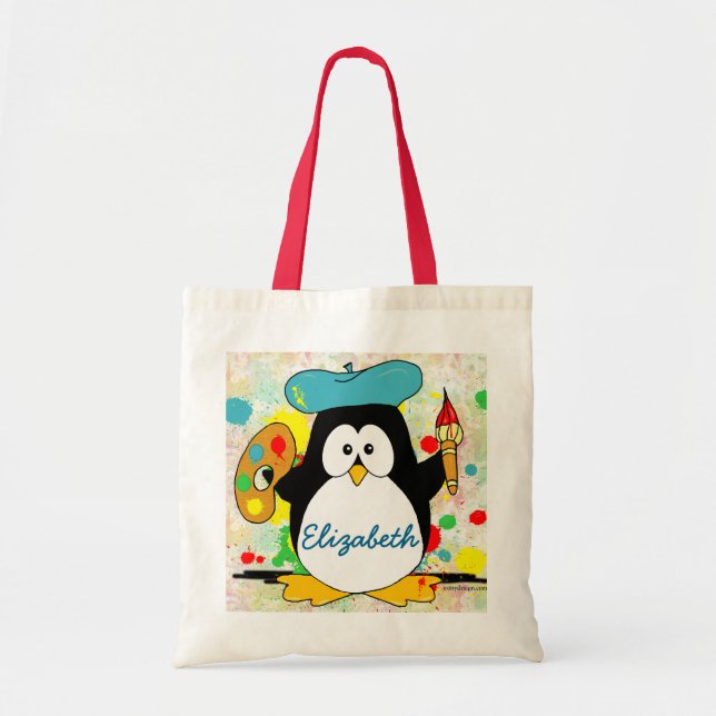 Bolso De Tela Pintor pingüino Añadir nombre (Frente)