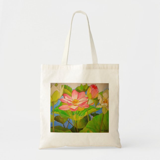 Bolso De Tela pintura acuarela rosa Lotus (Frente)