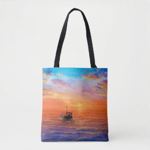Bolso De Tela  pintura al óleo abstracta de barcos de pesca y ma