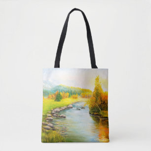 Bolso De Tela pintura al óleo de bello paisaje otoñal, bosque