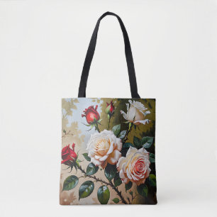 Bolso De Tela pintura al óleo de rosas blancas y rojas de color 