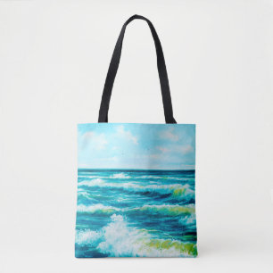 Bolso De Tela  pintura al óleo que muestra olas en el océano o e