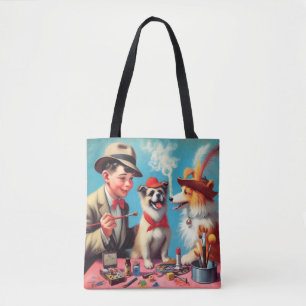 Bolso De Tela Pintura de aceite retro Perros felices