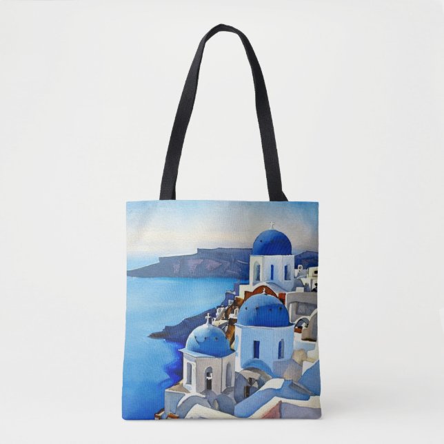 Bolso De Tela Pintura de acuarela de Santorini Grecia (Anverso)