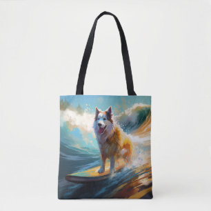 Bolso De Tela Pintura de Alaskan Malamute haciendo surf en la pl
