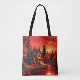 Bolso De Tela Pintura de atardecer con cabaña y lago-66633