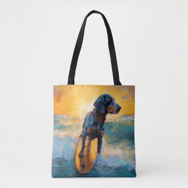 Bolso De Tela Pintura de Bluetick Coonhound Beach Surfing (Anverso)