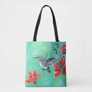Bolso De Tela Pintura de Colibrí y Amapolas