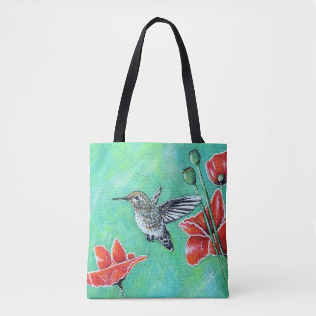 Bolso De Tela Pintura de colibrí y cachorros (Anverso)