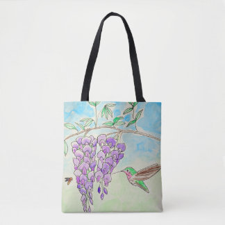 Bolso De Tela Pintura de colibrí y glicinia