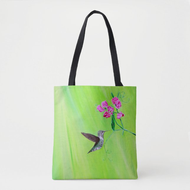 Bolso De Tela Pintura de colibrí y guisantes dulces (Anverso)
