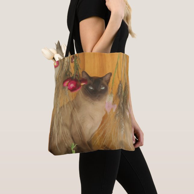 Bolso De Tela Pintura de flores secas de gato siamés  (Detalle)