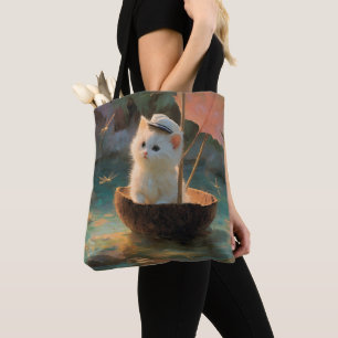 Bolso De Tela Pintura de gatito blanco esponjoso navegando en co