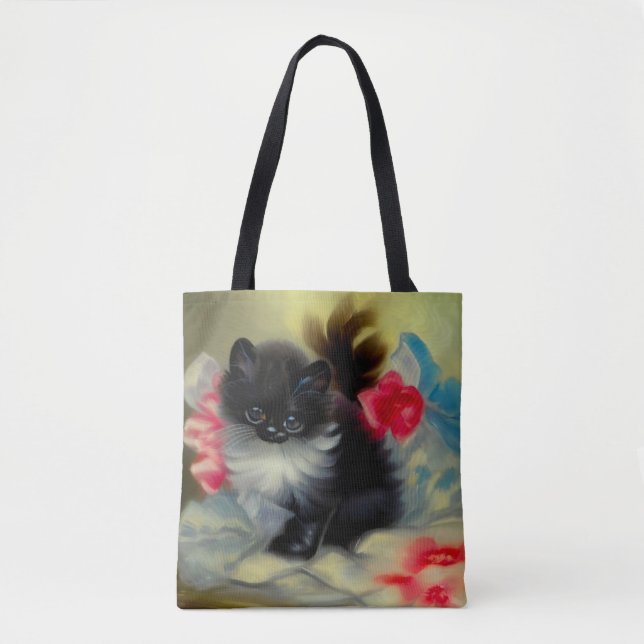 Bolso De Tela Pintura de gatito blanco y negro vintage (Anverso)