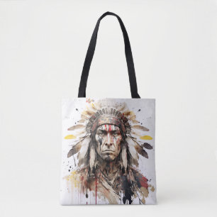 Bolso De Tela Pintura de guerrero de retrato indio nativo americ
