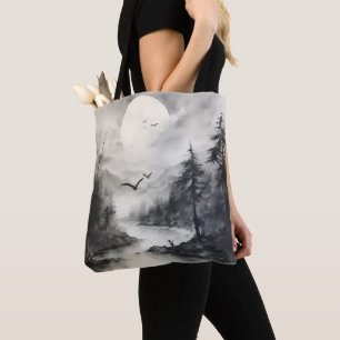 Bolso De Tela Pintura de paisaje monocromático a tinta