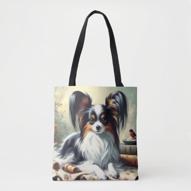 Bolso De Tela Pintura de perro de Papillon de época (Anverso)