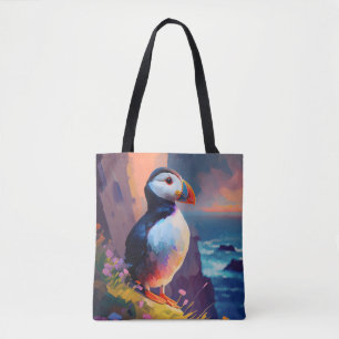 Bolso De Tela Pintura de retrato animal de pájaro de Puffin libr