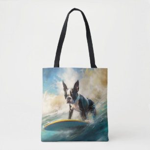 Bolso De Tela Pintura de surf en la playa de Boston Terrier