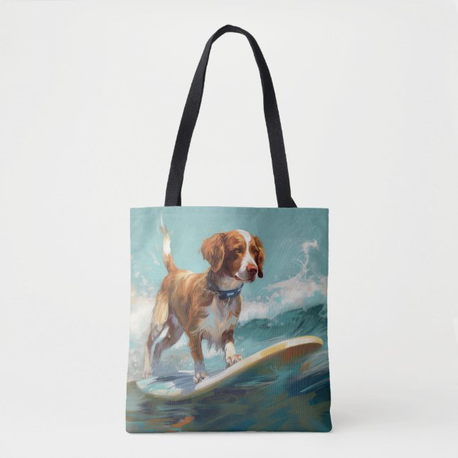 Bolso De Tela Pintura de surf en la playa de Brittany Spaniel (Anverso)
