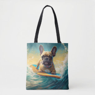 Bolso De Tela Pintura de surf en la playa de Bulldog francés