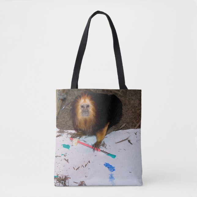 Bolso De Tela Pintura de Tamarin, León con Cabecera Dorada (Anverso)
