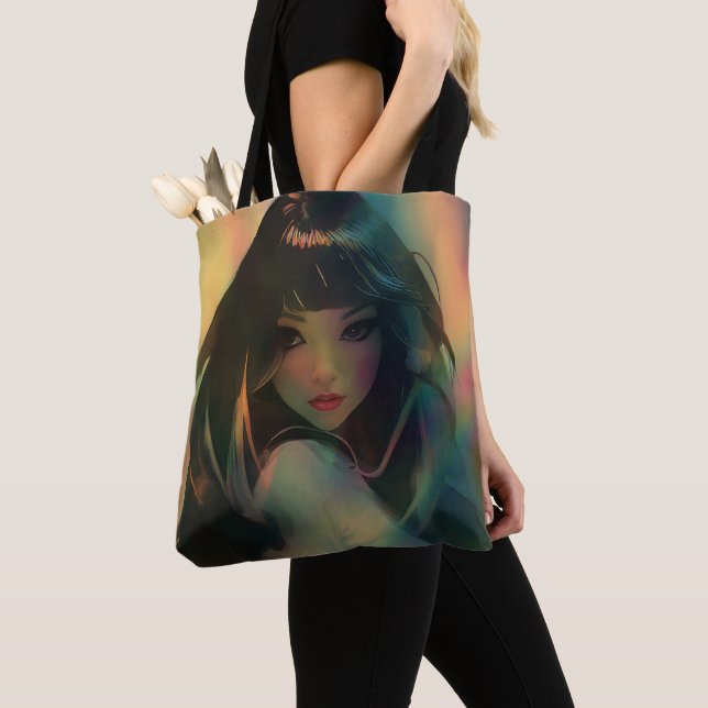 Bolso De Tela Pintura de un Chica animado rodeado de arcoiris (Detalle)