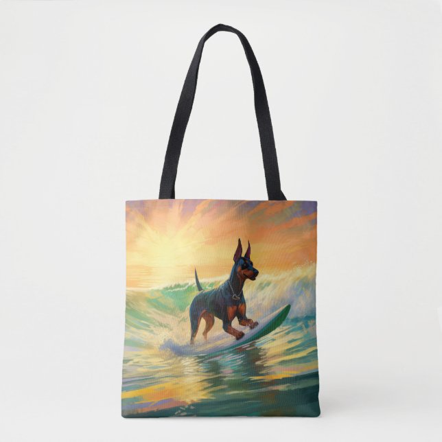 Bolso De Tela Pintura Doberman Beach Surfing (Anverso)