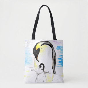 Bolso De Tela Pintura en acuarela de pingüino emperador y pollue