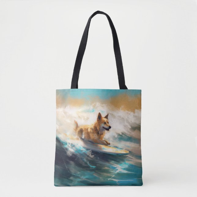 Bolso De Tela Pintura finlandesa de Lapphund Beach Surfing (Anverso)