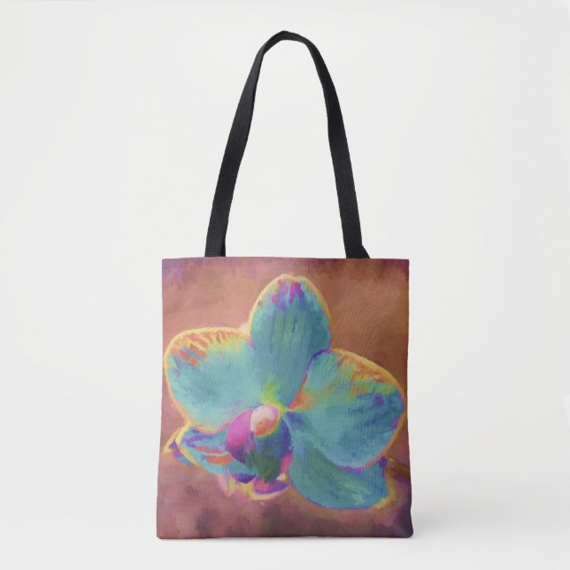 Bolso De Tela Pintura floral azul orquídea y púrpura (Anverso)
