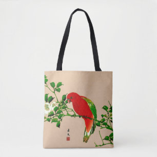 Bolso De Tela Pintura japonesa vintage de un loro, rojo y verde