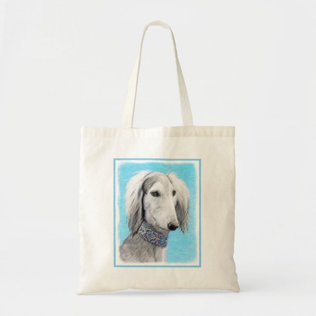 Bolso De Tela Pintura Saluki (plateada) - Arte Perro Original. (Frente)