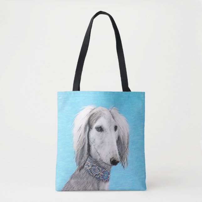 Bolso De Tela Pintura Saluki (plateada) - Arte Perro Original. (Anverso)