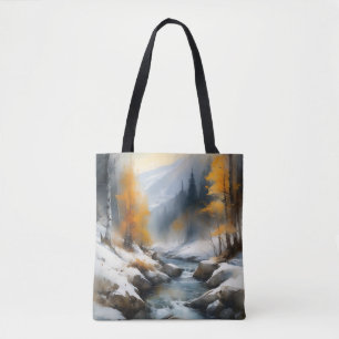Bolso De Tela Pintura serena del paisaje de los ríos de invierno