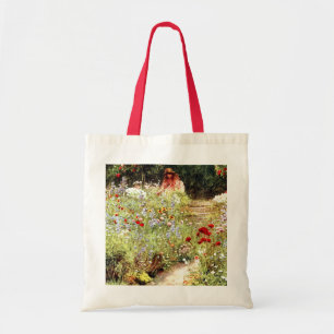 Bolso De Tela Pintura victoriana de niña en jardín de flores