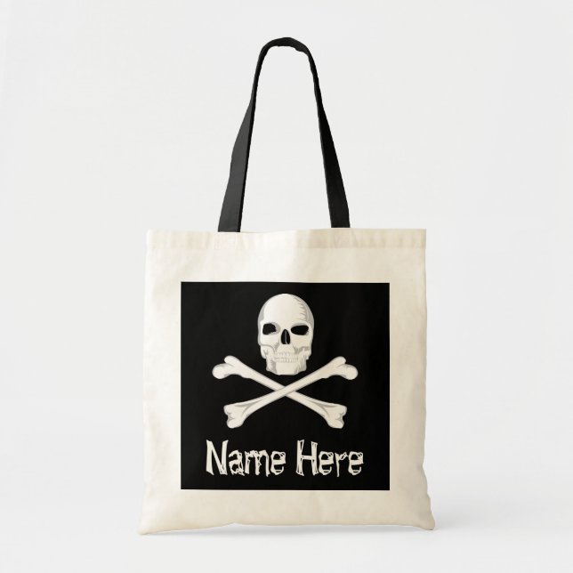Bolso De Tela Pirate Skull Crossbone Custom Name Halloween Treat (Frente)