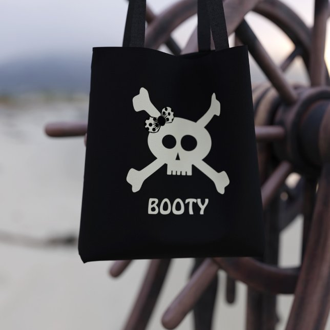 Bolso De Tela Pirate Skull Crossbone Nombre Negro (Cute Pirate Skull Crossbones Black Tote Bag with space for your name)