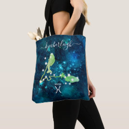 Bolso De Tela Pisces Zodiac Rótulo Monograma Cósmico Nombre Azul