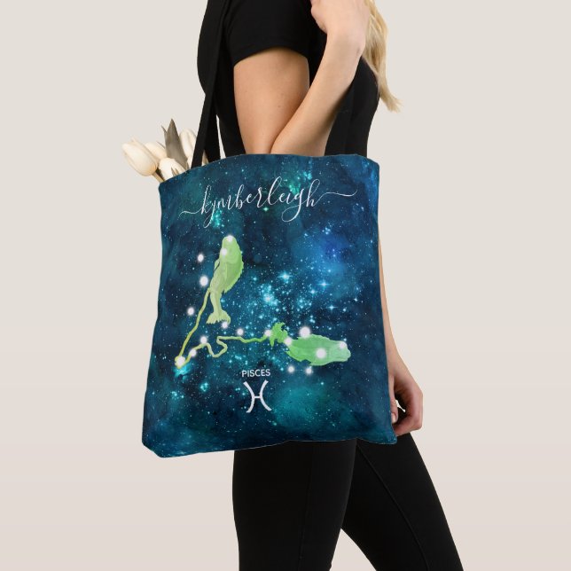 Bolso De Tela Pisces Zodiac Rótulo Monograma Cósmico Nombre Azul (Detalle)