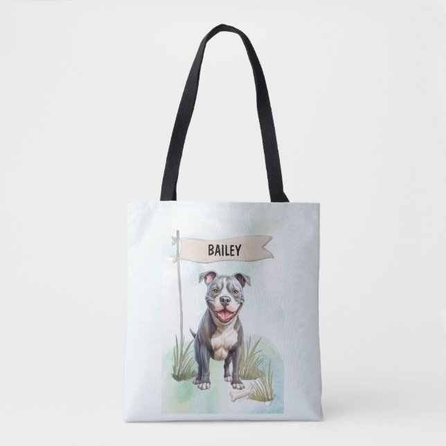 Bolso De Tela Pit Bull Terrier Watercolor Personalized Dog (Anverso)