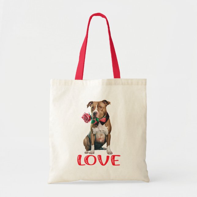 Bolso De Tela Pitbull Love Red Rose Pittie Puppy Dog Pit Bull (Frente)