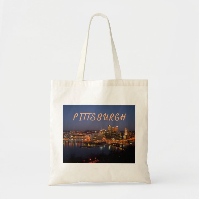 Bolso De Tela Pittsburgh, Pennsylvania Downtown Night Time River (Frente)