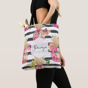Bolso De Tela PixDezines Aloha Piña+Floral+Bandas negras