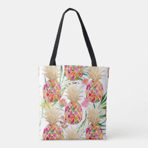 Bolso De Tela PixDezines Aloha Piña+Frondas de Palma Acuarela